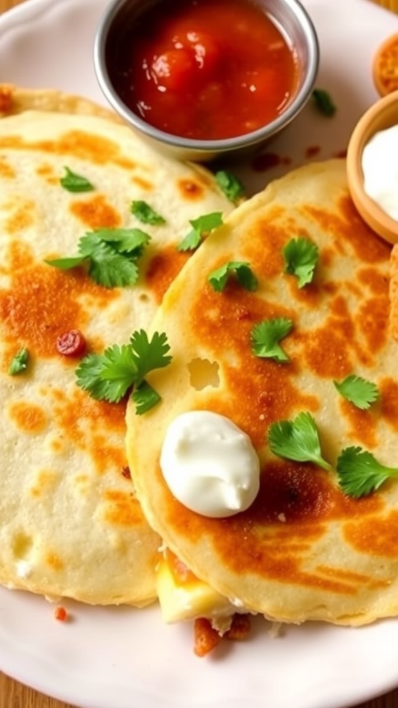 Three cheese quesadilla cut into wedges, served with salsa and sour cream.